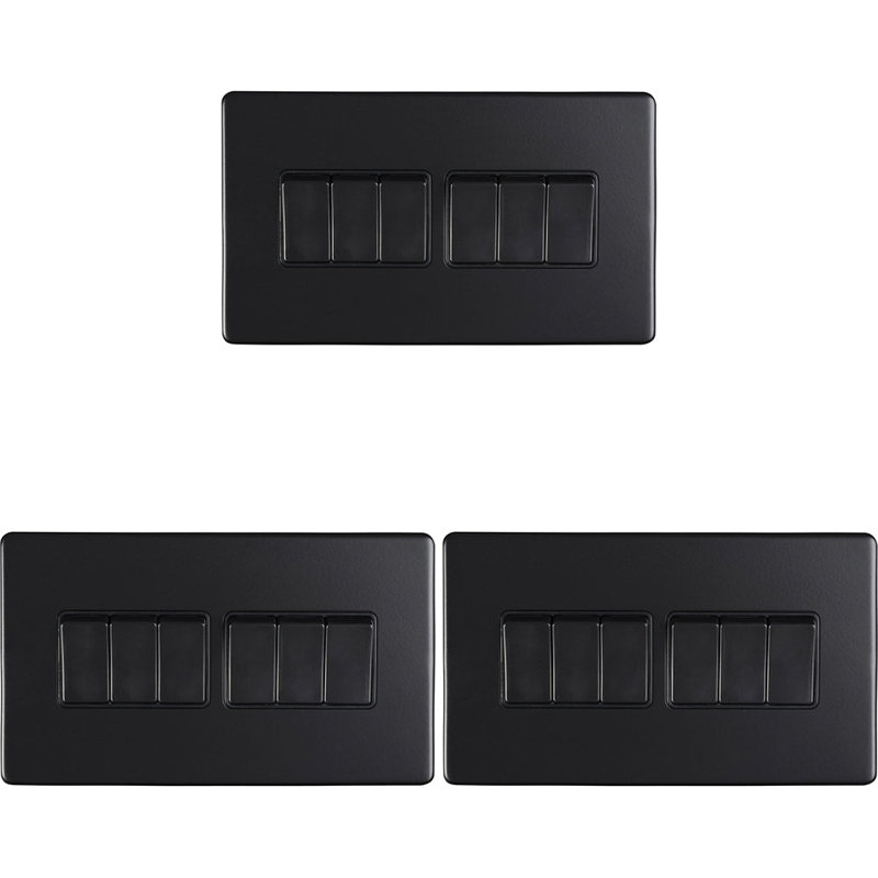 3 PACK 6 Gang Multi Light Switch SCREWLESS ANTIQUE BRASS 2 Way 10A Slim Rocker, Matte Black, Black