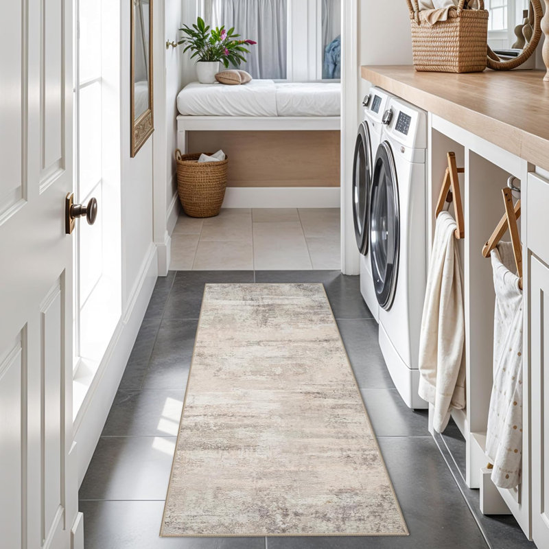 Washable Kitchen Rug: Easy-Clean Entryway Hallway Carpets Non Slip Non-Curl Edge Rugs for Laundry Bathroom Indoor Modern Abstract Home Decor Floor Mat for High Traffic Area Beige