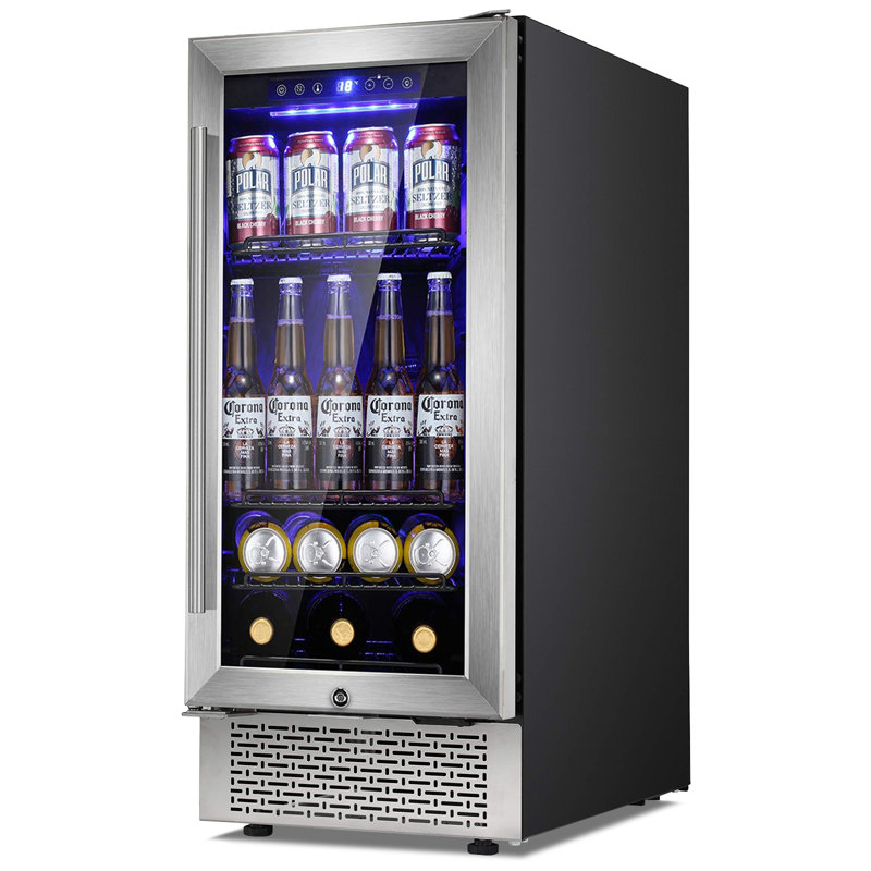 KELIVOL 14.9'' W Freestanding 88 Cans (12 oz.) 3.8 Cubic Feet Beverage Cooler with Wine Storage and Glass Door