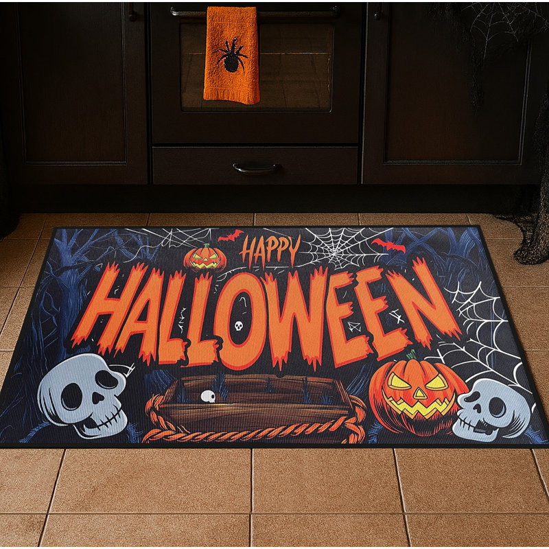 31 po x 19 po - Tapis d'entrée noir orange antidérapant lavable à poils courts Halloween