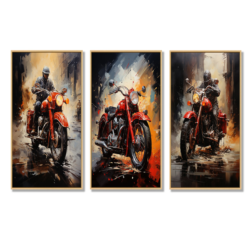 Ensemble de salon Crimson Thunder Red Dirt Bike - Moto Wall Art, Cadre flottant brun, H 32 po x l 48 po