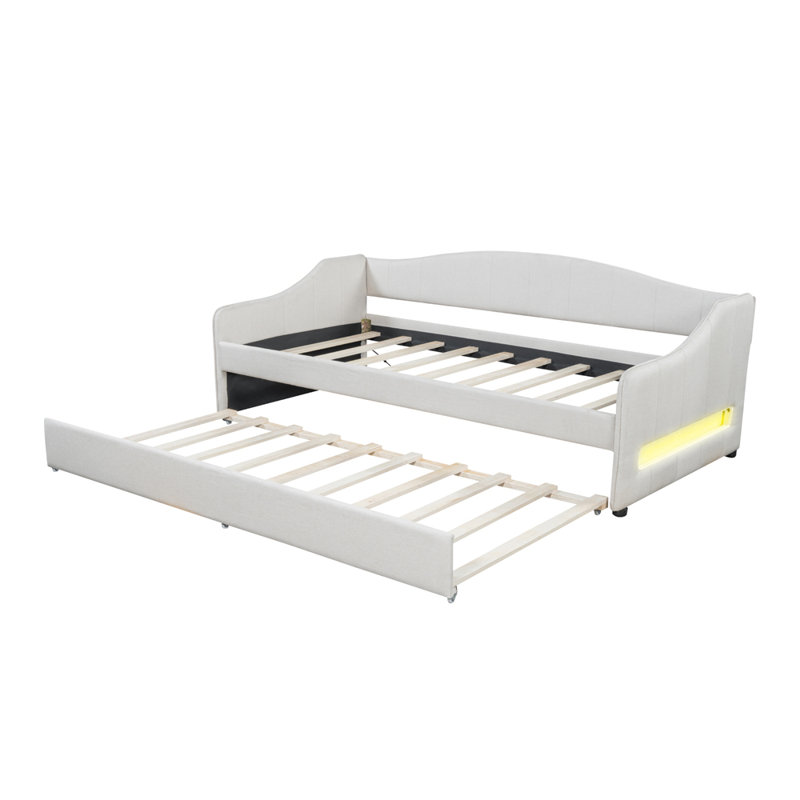 Lit simple rembourré Vernitta avec ceinture à DEL et lit gigogne, Blanc