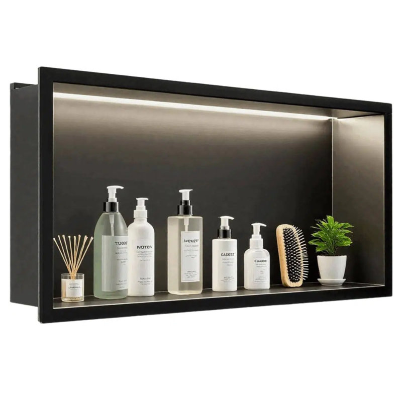 Niche de douche à DEL 24 po x 12 po avec lumière chaude - niche murale encastrée en acier inoxydable, tablette de douche sans carrelage nécessaire avec éclairage DEL, insert de rangement de salle de bain noir mat