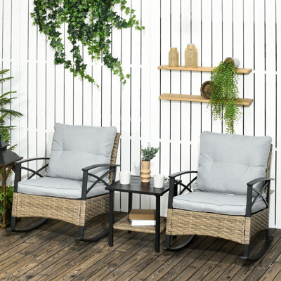 Chaise berçante pour l'extérieur, 2 chaises berçantes avec coussins et table basse à niveaux en gris pour le jardin, le porche, la cour rembourrée, l'apparence élégante