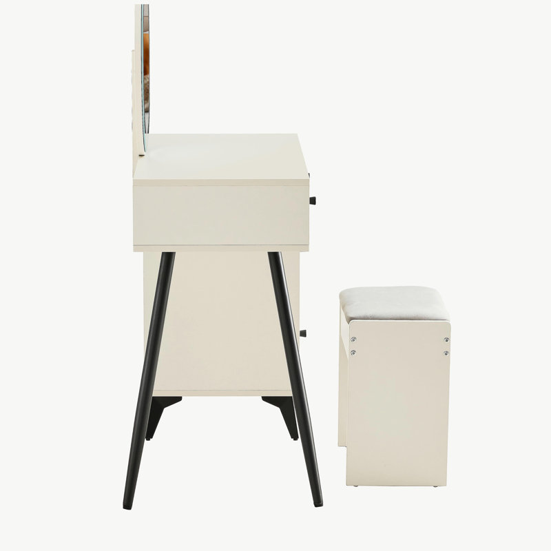Meuble-lavabo cannelé avec miroir rond à DEL et lumières, grande coiffeuse moderne à plateau en verre avec 4 tiroirs et tablettes ajustables