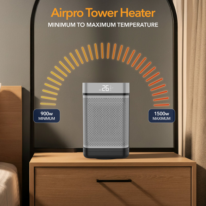 Air Pro 1500W 1 BTU Electric Compact Space Heater with Adjustable Thermostat and with Digital Display, Black / Grey