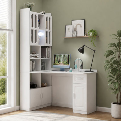 Bureau d'ordinateur de coin en L avec tiroirs, bibliothèque et huche