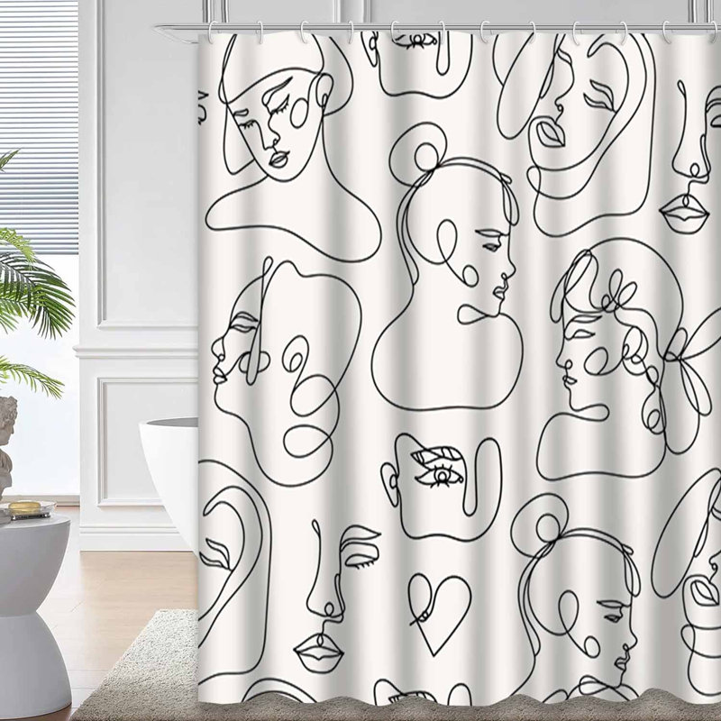 Waterproof Black Cartoon Modern Abstract Shower Curtain with 12 Hooks, 72" L x 72" W