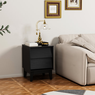 Table de chevet de chambre à coucher en noir, style biseauté de style rétro, pieds en bois massif pour un usage quotidien de style Mid-Century moderne avec poignées de tiroir cachées, matériau, grand rangement