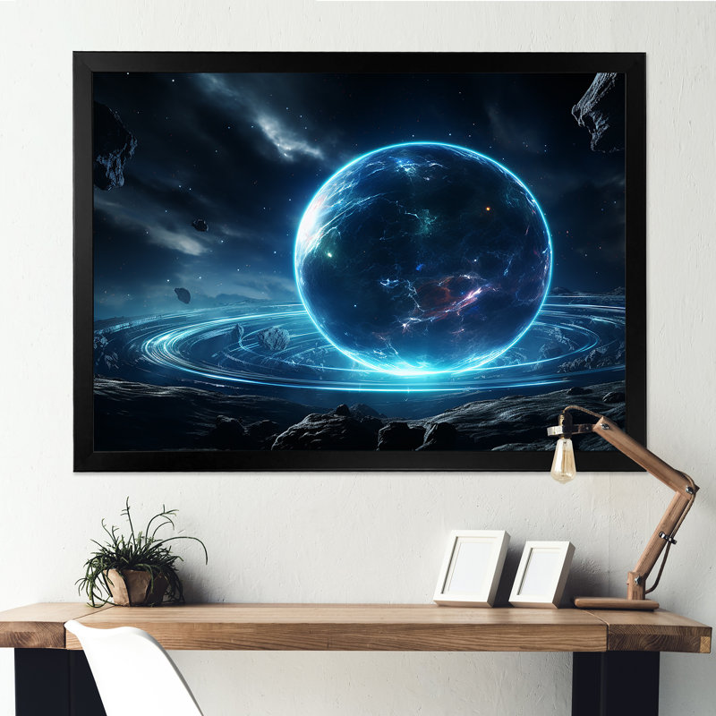 Art mural bleu et noir «Cosmic Plaet I», Cadre d'angle fermé noir, H 30 po x l 40 po x P 1,5 po