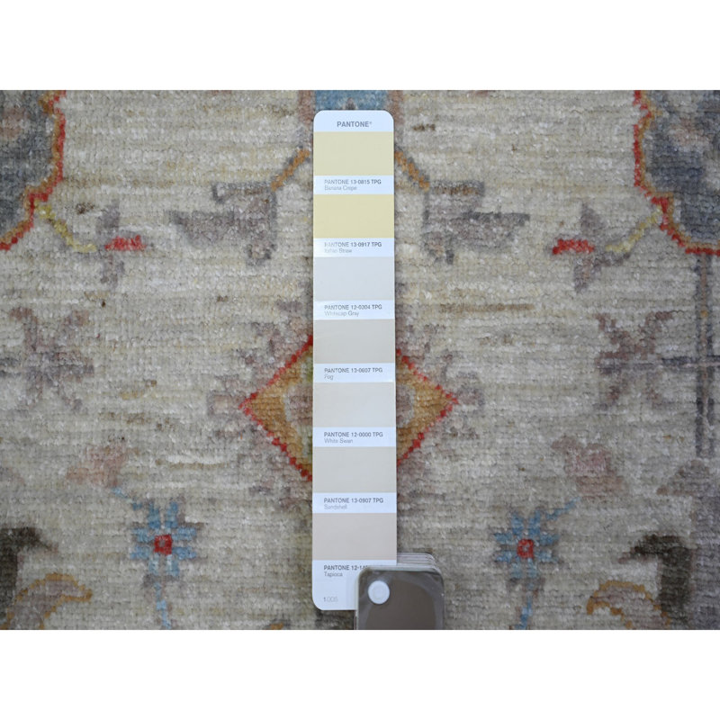 Tapis beige nouvel âge noué à la main de conception unique 6 pi x 9 pi Vershon