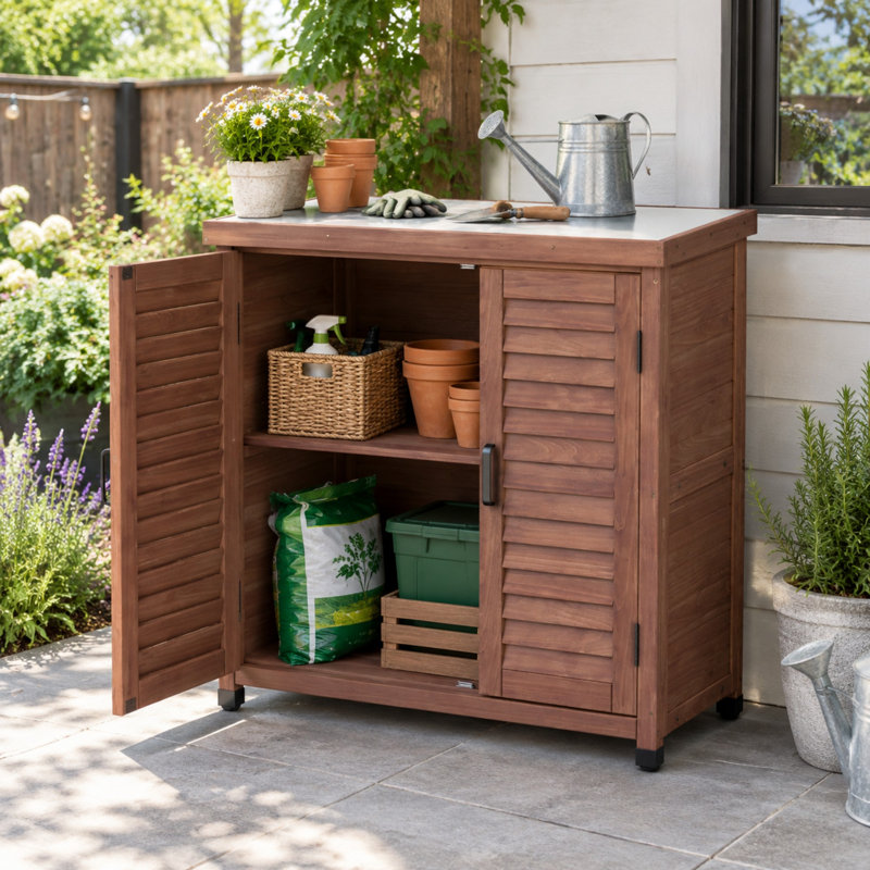 Banc d'extérieur en bois massif avec armoire de rangement et plateau en métal, Brun