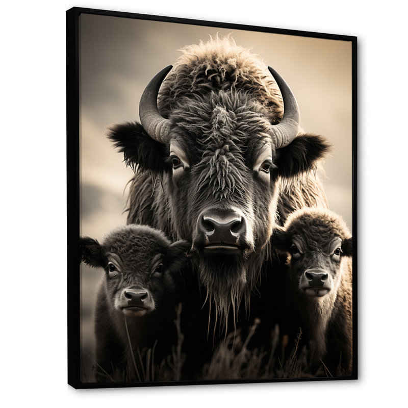 Bison Bison Family Bond - Bison, reproduction d'art encadrée, H 20 po x l 12 po x P 1 po, Cadre flottant noir