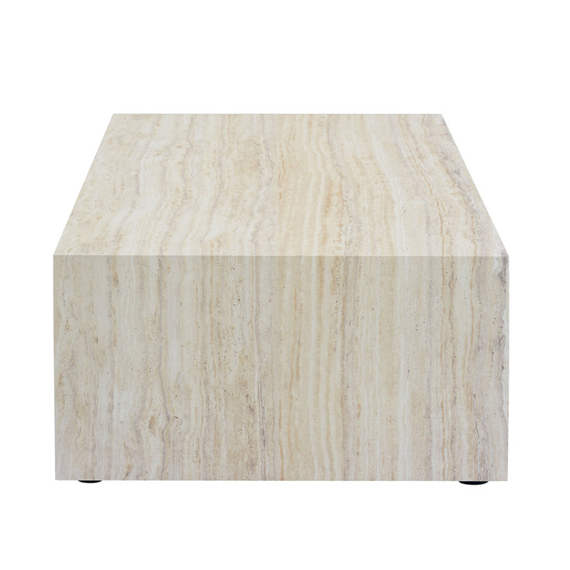 Rehaussez votre espace de vie avec cette table basse moderne en panneau de fibres à densité moyenne qui met en valeur des motifs de texture de bois clair et doux. Il se caractérise par un design élégant
