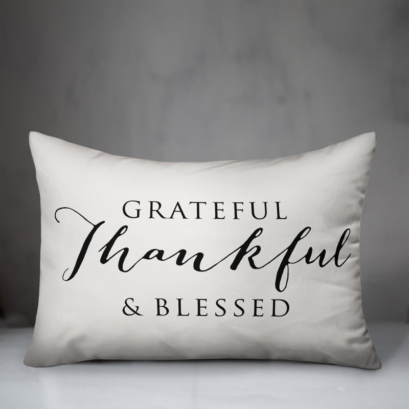 Grateful Thankful Blessed Outdoor Rectangular Pillow Cover & Insert, Off White/Black