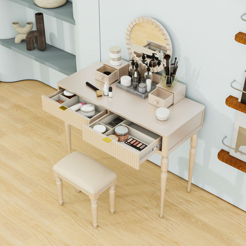 Bureau de coiffeuse avec tabouret rembourré, miroir et tiroirs de rangement, Champagne