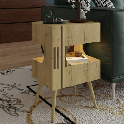 15.7'' W Modern White Nightstand - Charging Station, LED Lights, 2 Drawers, Solid Wood Legs