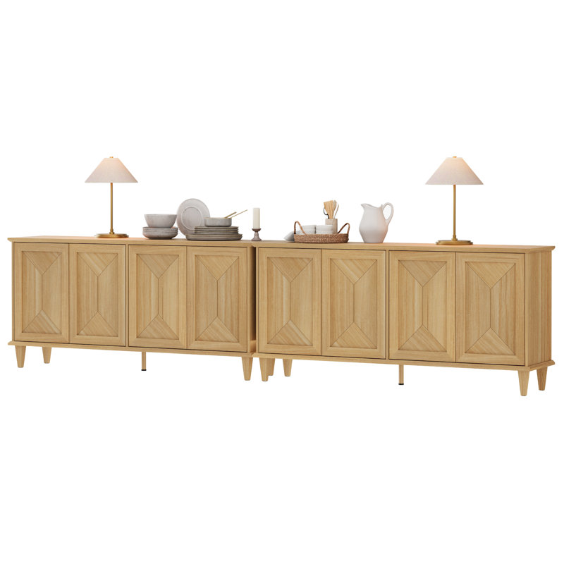 130-Inch Handcrafted Patchwork Decorative Buffet Cabinet With Pop-Up Design Doors,2-In-1 Large Modern Farmhouse Accent Credenza For Dining Room, Kitchen, And Living Room, Natural Oak