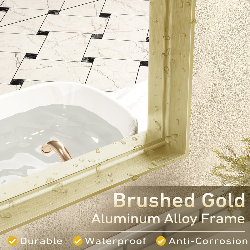 Aevar Tempered Glass and Aluminum Alloy Framed French Cleat Mounted Wall Mirror with 5-Year Warranty, 51" x 30", Brushed Gold