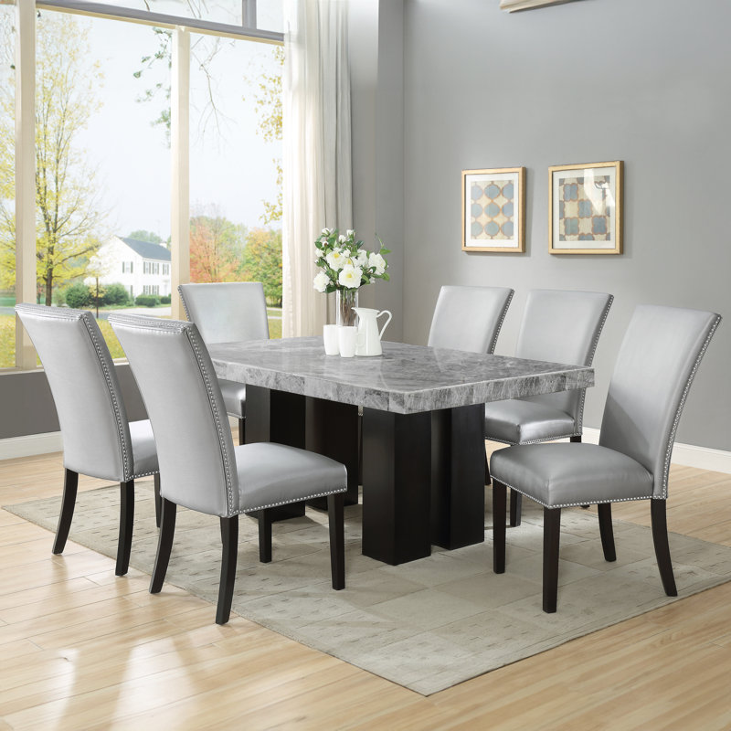 Anxhela Marble Top Four Leg Dining Set, 7 Pieces: Table, 6 Chairs, Silver