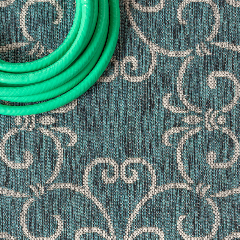 Hagerman Vintage Filigree Textured Weave Teal/Gray Indoor/Outdoor Rug, Rectangle 9' x 12'