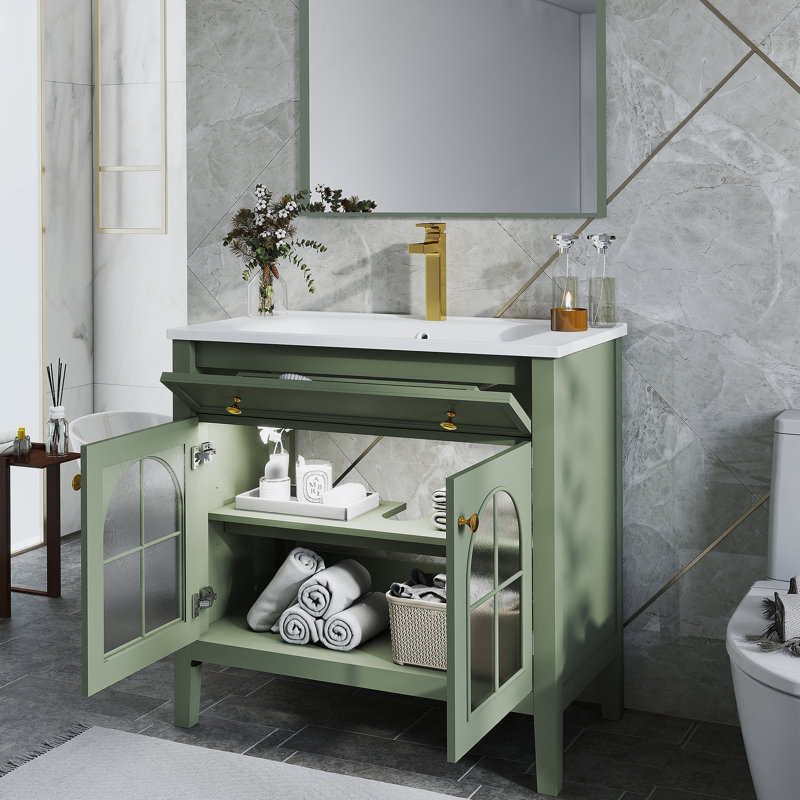 Meuble-lavabo autoportant avec tablette de rangement, Vert