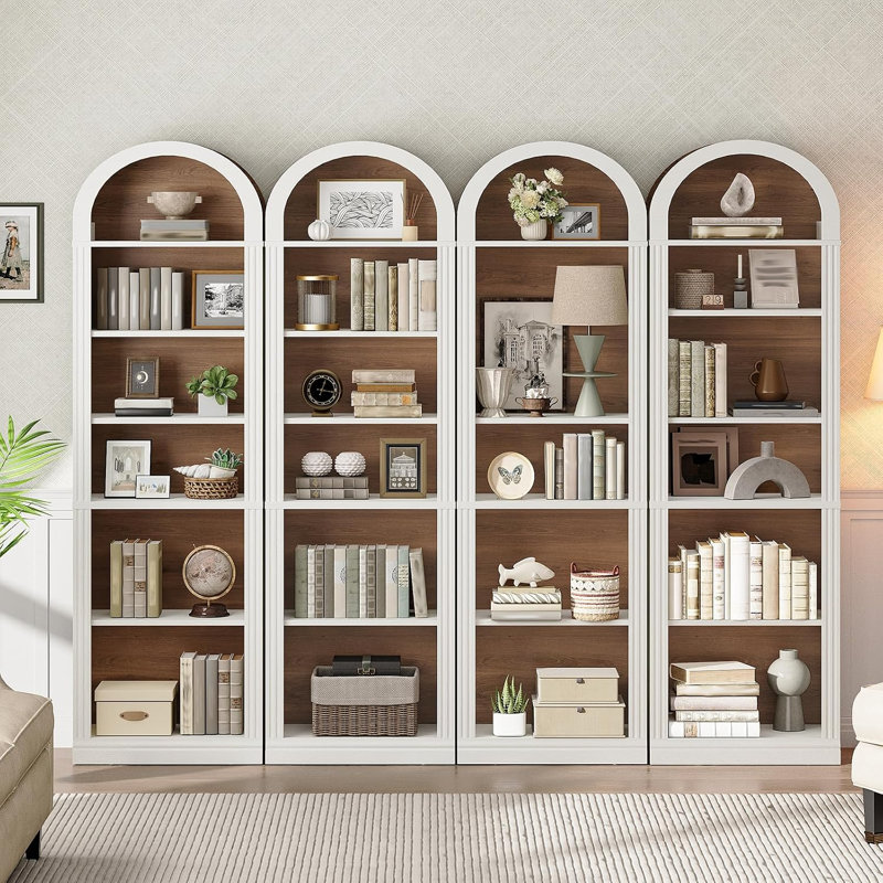 Bibliothèque étroite de 75,8 po de hauteur avec tablettes ouvertes, bibliothèque arquée avec rangement, bibliothèque de style maison de campagne à 6 niveaux avec tablette réglable