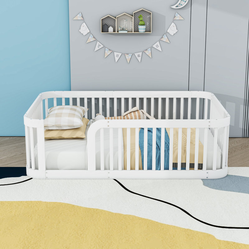 Full Wood Floor Bed With Fence, White
