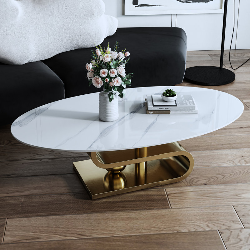 Milliano Minimalist Faux Marble Coffee Table with S-Shape Stainless Steel Base, Gold
