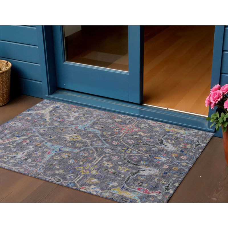 Tapis intérieur/extérieur lavable, 90 x 150 cm, gris, or et rouge à motifs floraux