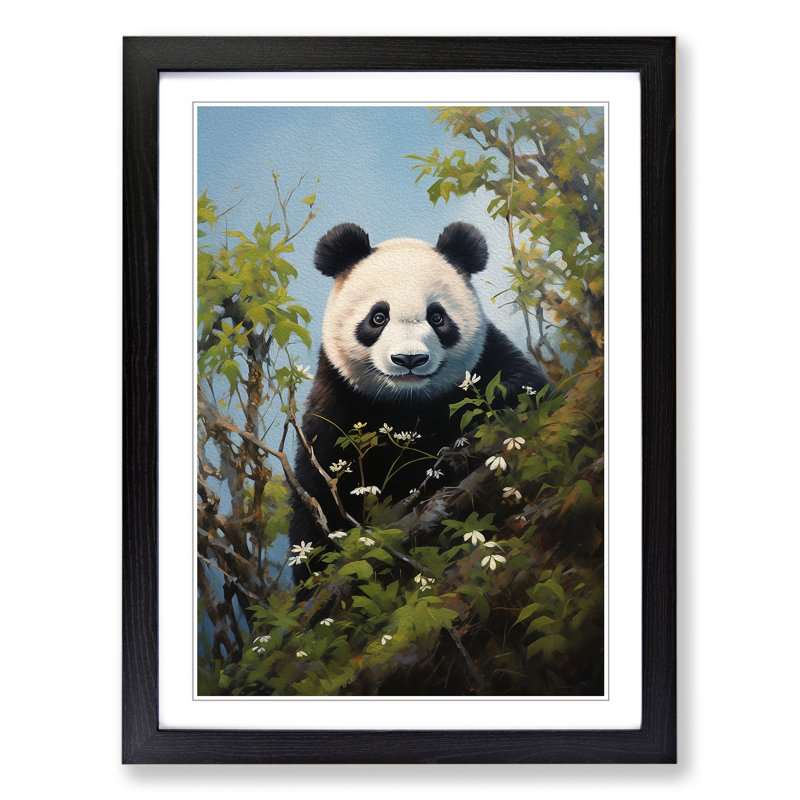 Panda Hard Edge Painting - Single Picture Frame Print on Wood, 46cm H x 34cm W x 2cm D, Black Framed