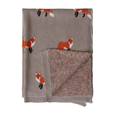 Cotton Knit Baby Blanket With Fox Print