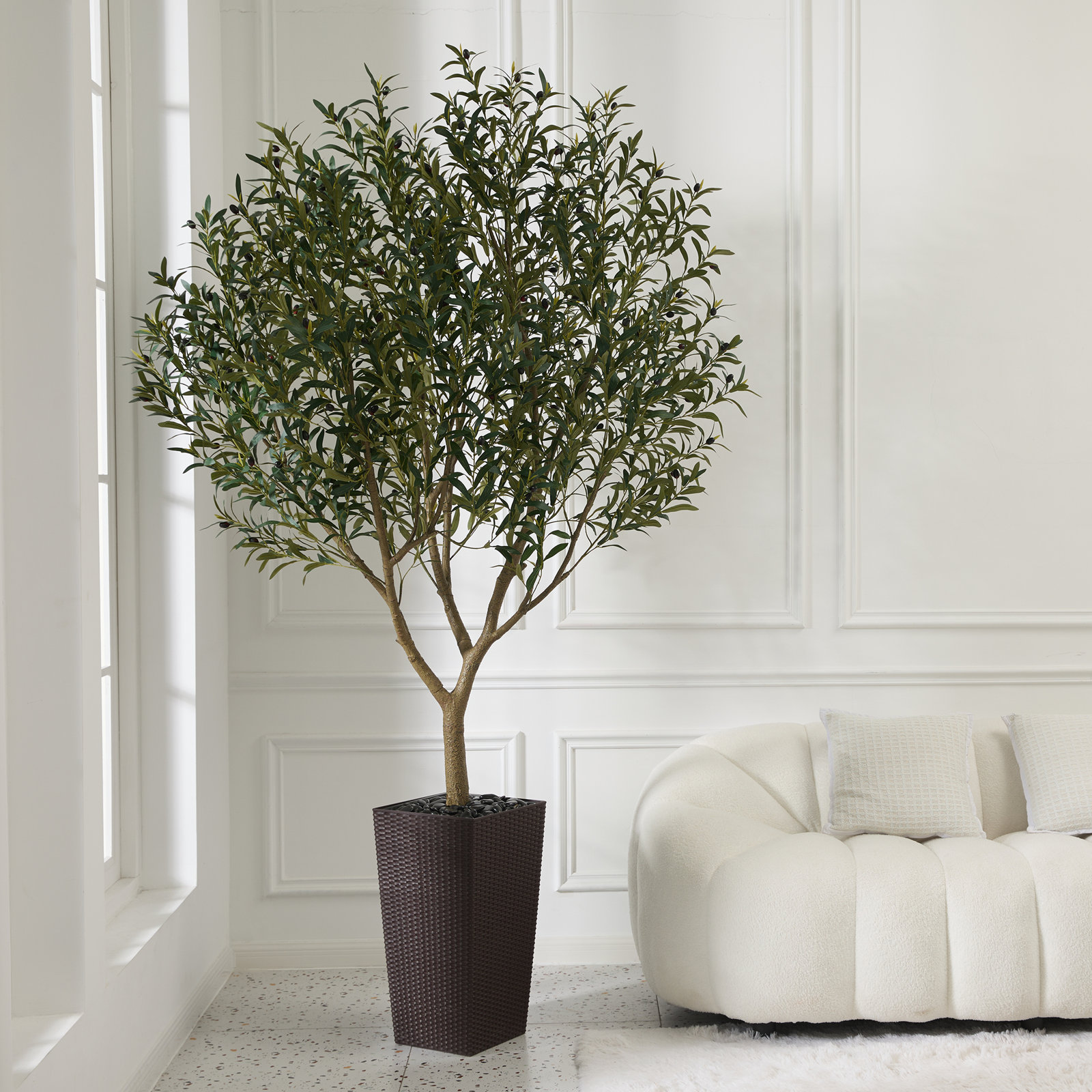 Altera UV Resistant Artificial Olive Tree for Indoor & Outdoor Decor, Large Plastic Base with Pebbles, Brown