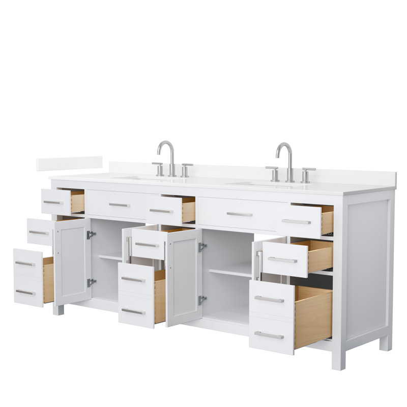 Beckett 84" Freestanding Double Bathroom Vanity with Quartz Top, White, White Quartz, Brushed Nickel