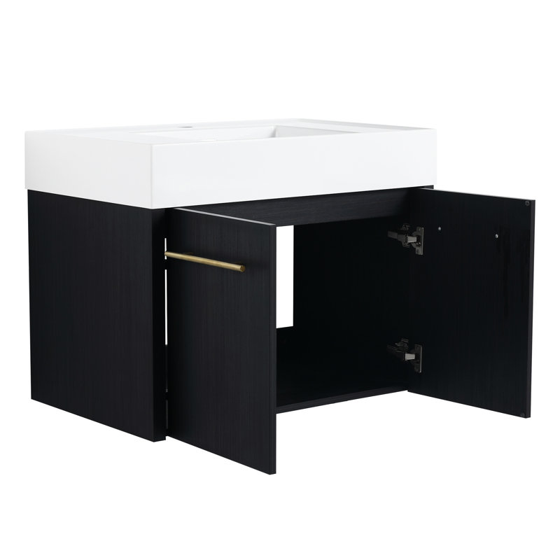 Armoire de salle de bain 30 po avec lavabo, fixation murale, finition châtaignier noir, lavabo en résine épaisse, porte silencieuse, meuble-lavabo à accessoires, couleur, charnières lisses, luminaire