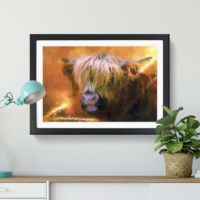Portrait of a Highland Cow in Abstract - Picture Frame Painting Print on MDF, Black, 50cm H x 76cm W x 2cm D
