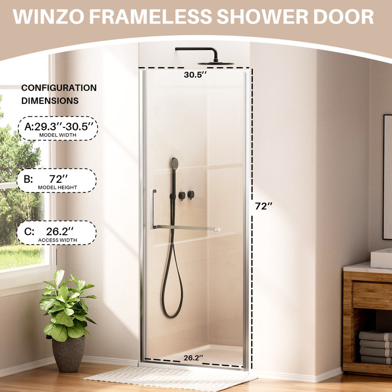 Porte de douche pivotante sans cadre réglable H 29 po x l 72 po Yingze, porte de douche en verre trempé Sgcc de 6 mm