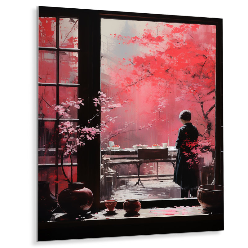 Rose rose, fenêtre, femme, art mural, H 32 po x l 16 po x P 1 po