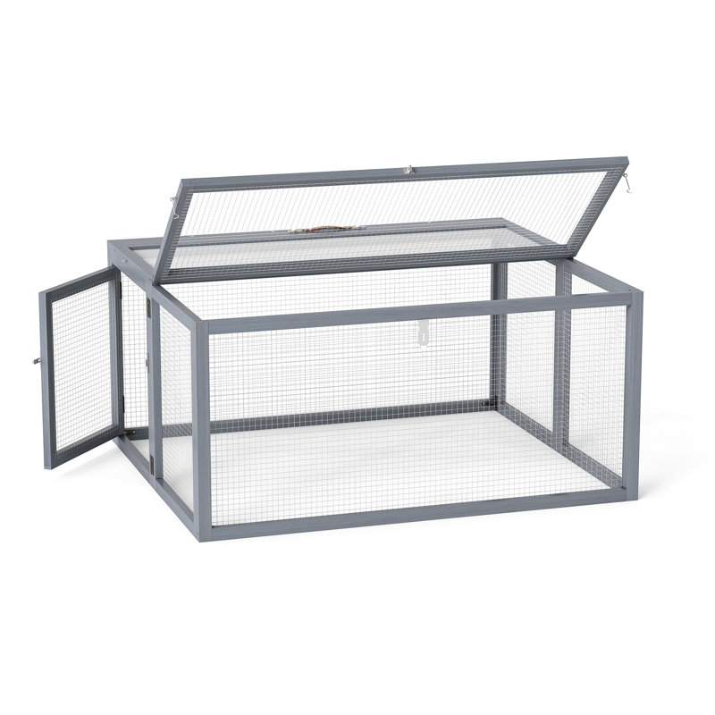 Lapin pliant en gris - fabriqué à partir de sapin et de grillage métallique galvanisé, portes verrouillables pour la protection, lapins spacieux pour faire de l'exercice, piquets au sol pour l'extérieur, déplié L 43,3 po x l 37 po H 21,3 po, plié