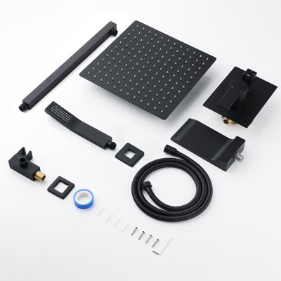 10Inch Rainfall Shower Head System With Balanced Faucet - Matte Black, Wall Mounted And Valve System, Black