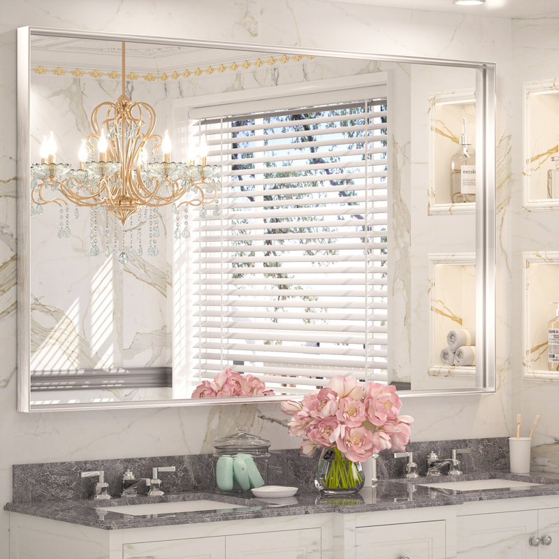 Rectangle Bathroom Vanity Mirror with Aluminum Frame and Tempered Glass, Silver, 48" x 30"