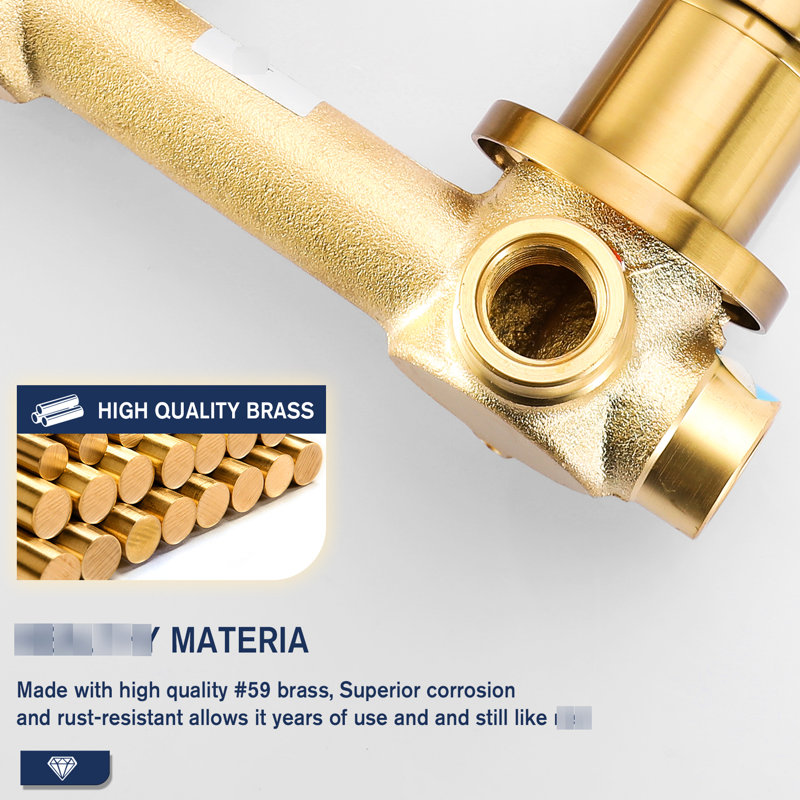 Brushed Gold Wall Mount Tap For Bath, Single Handle 2 Holes, 2.08-Inch Spout Height, Functional Faucet Bathroom Sink, Gold, Solid Metal, Easy Installation, Time