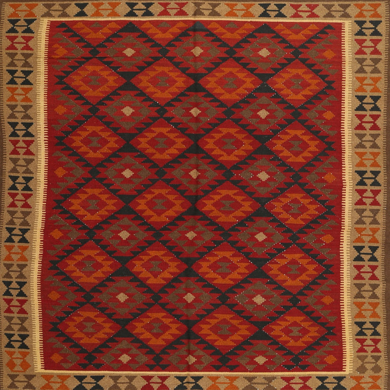 Tapis brun/rouge pourpre/zone noire, Carré 5 pi