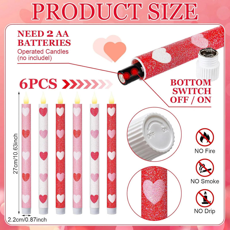 6 bougies coniques sans flamme de la Saint-Valentin de 10,6 pouces - bougies à DEL en forme de cœur à piles, décoration de table de mariage / anniversaire / anniversaire essentielle