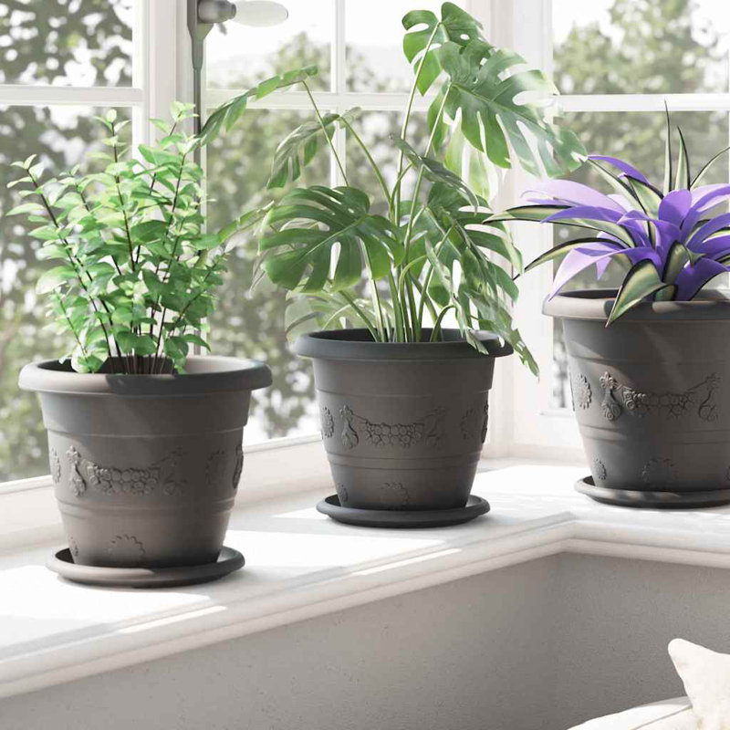 Round Flower Pot 6 Pcs Plastic, 18cm H x 22cm W x 22cm D, Black
