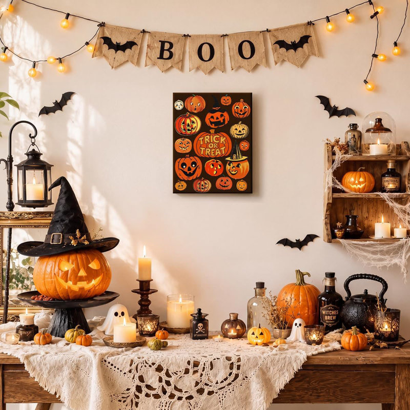 Trick or Treat Pumpkins Halloween Canvas Wall Art Retro Vintage Decor