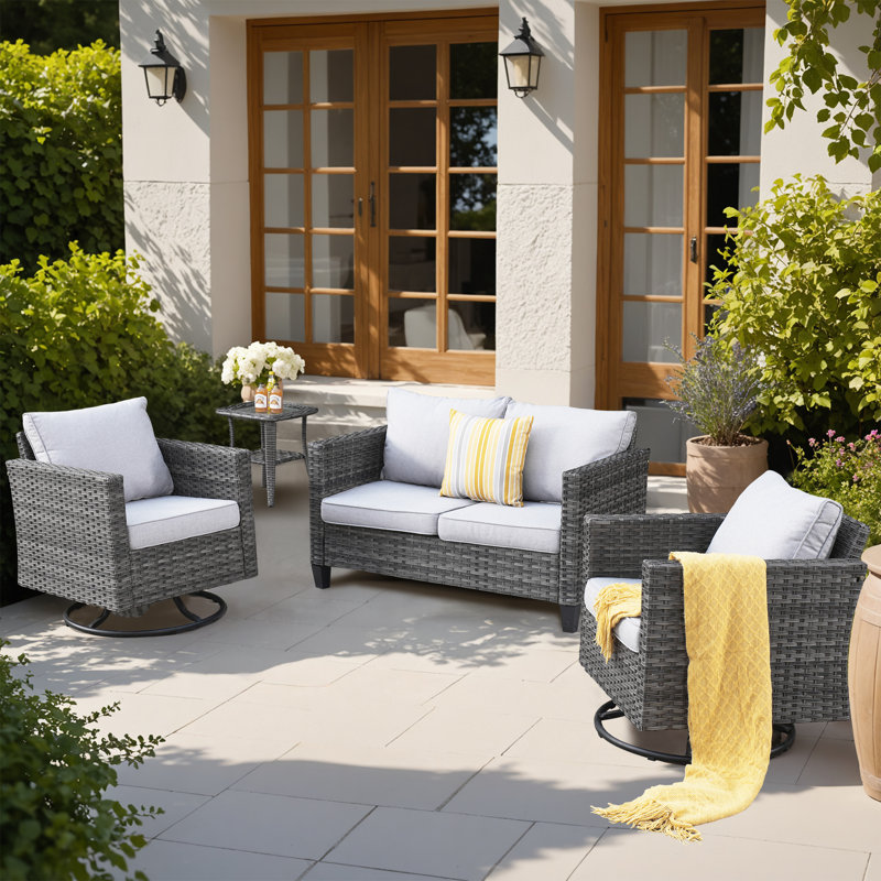 4 - Person Patio Furniture Set with Rocking Swivel Chairs, Outdoor Wicker Rattan Sofa Seating Group with Cushions, All Weather Conversation Set with End Table for Garden Backyard