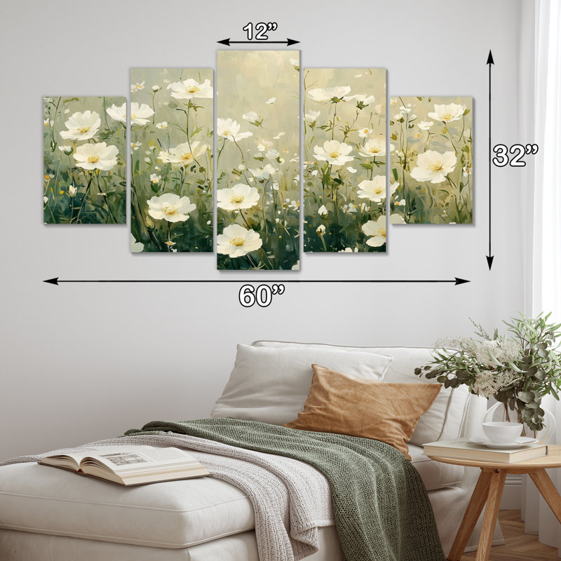 5 fleurs blanches blanches au printemps I - décoration murale fleurs sauvages - Art mural traditionnel