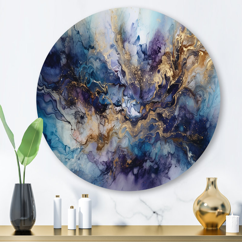 Encre liquide dorée captivante liquide I - marbre abstrait rond, art mural en métal, H 29 po x l 29 po x P 1 po