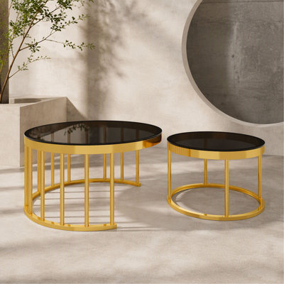 Round Nesting Coffee Table Set of 2, Modern  Metal Frame Circular Cocktail Table, Tempered Glass Top Accent Nesting Tables for Living Room, Apartment